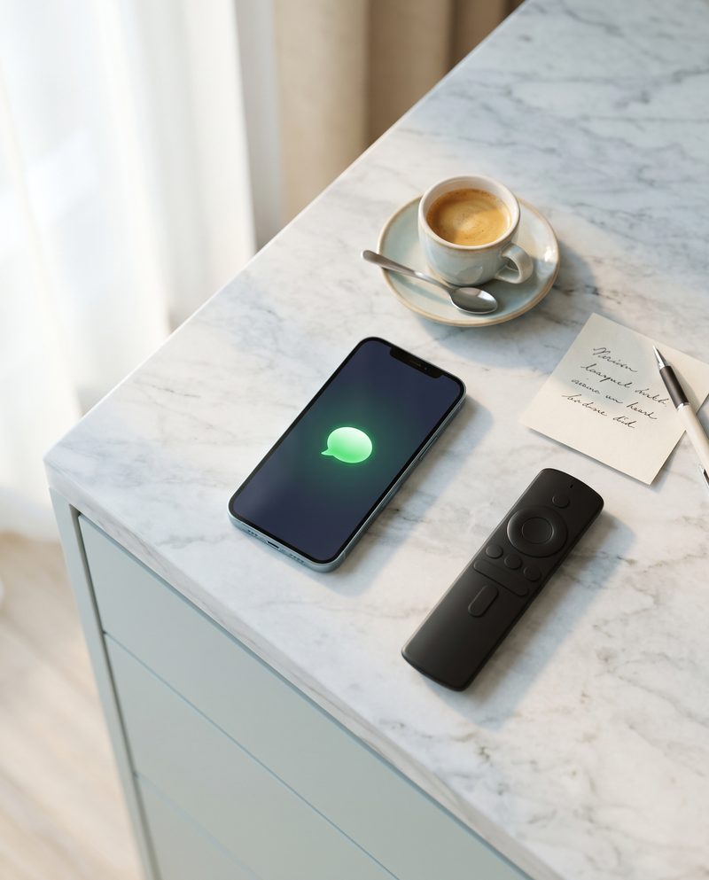 Sur un plan de travail, un téléphone affiche la notification du message contenant les codes de l'abonnement, à côté d'une télécommande et d'un café