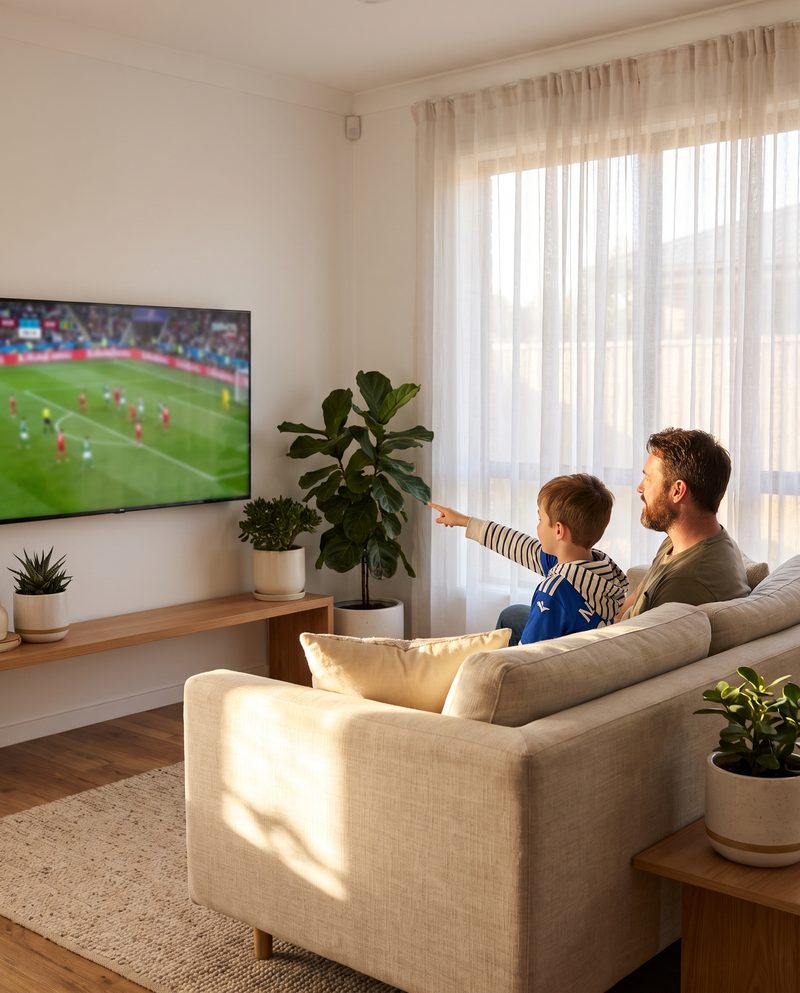 Un père et son fils regardent un match sur une grande télévision dans un salon baigné de lumière
