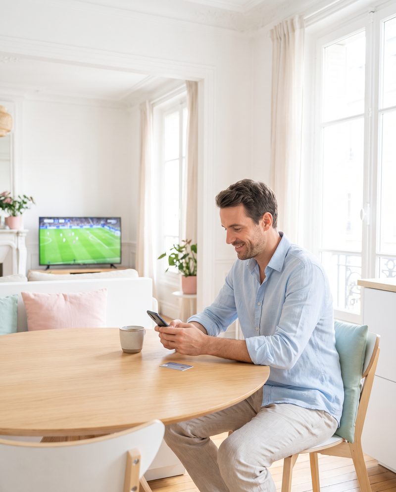 Un homme commande son abonnement IPTV Smarters Pro depuis son téléphone, à la table de sa cuisine, la télévision allumée sur un match derrière lui