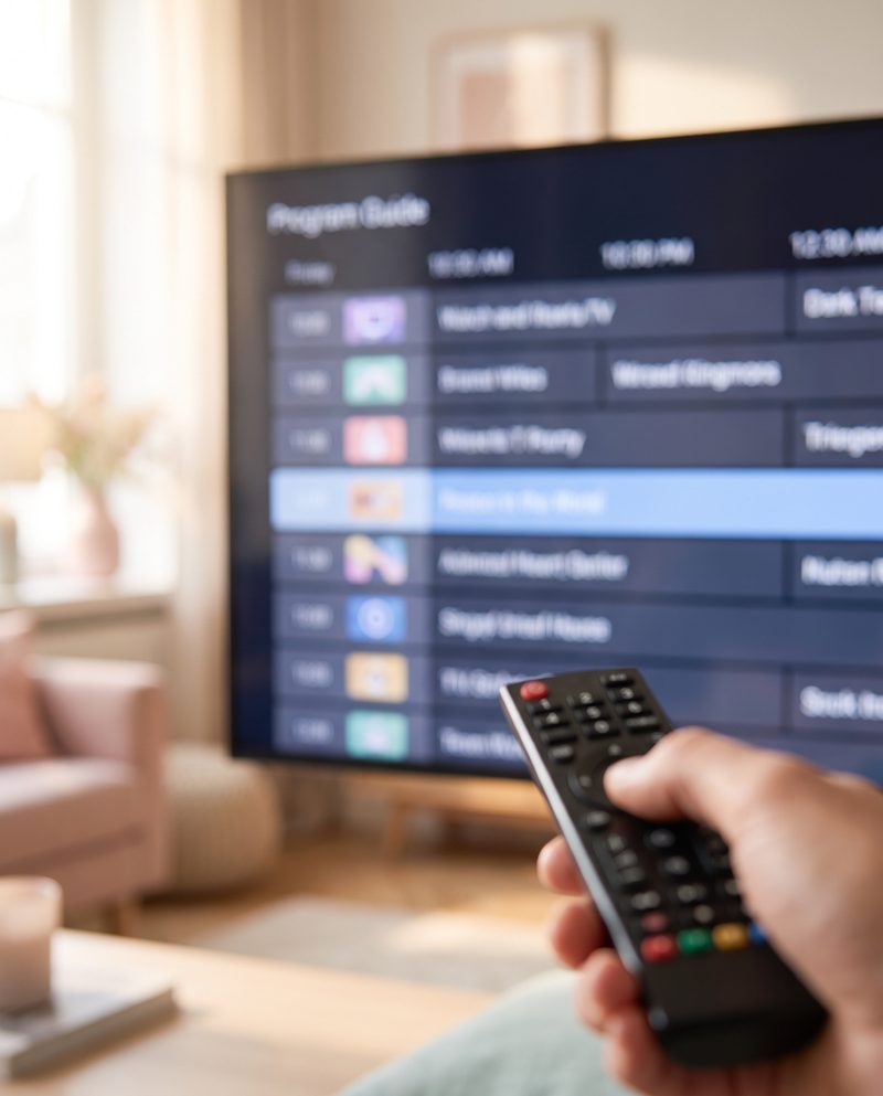 Le guide des programmes de la liste des chaînes IPTV Smarters Pro affiché sur une télévision, une main tient la télécommande