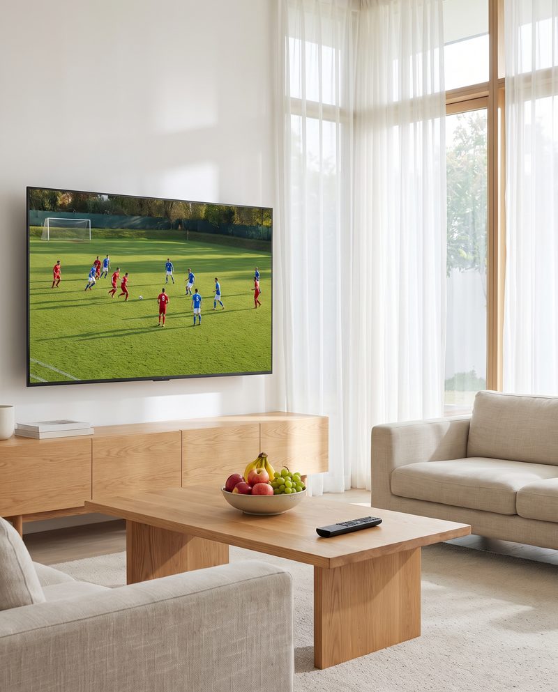 Un match de football diffusé sur une grande télévision dans un salon lumineux, une des 900 chaînes sport de la liste
