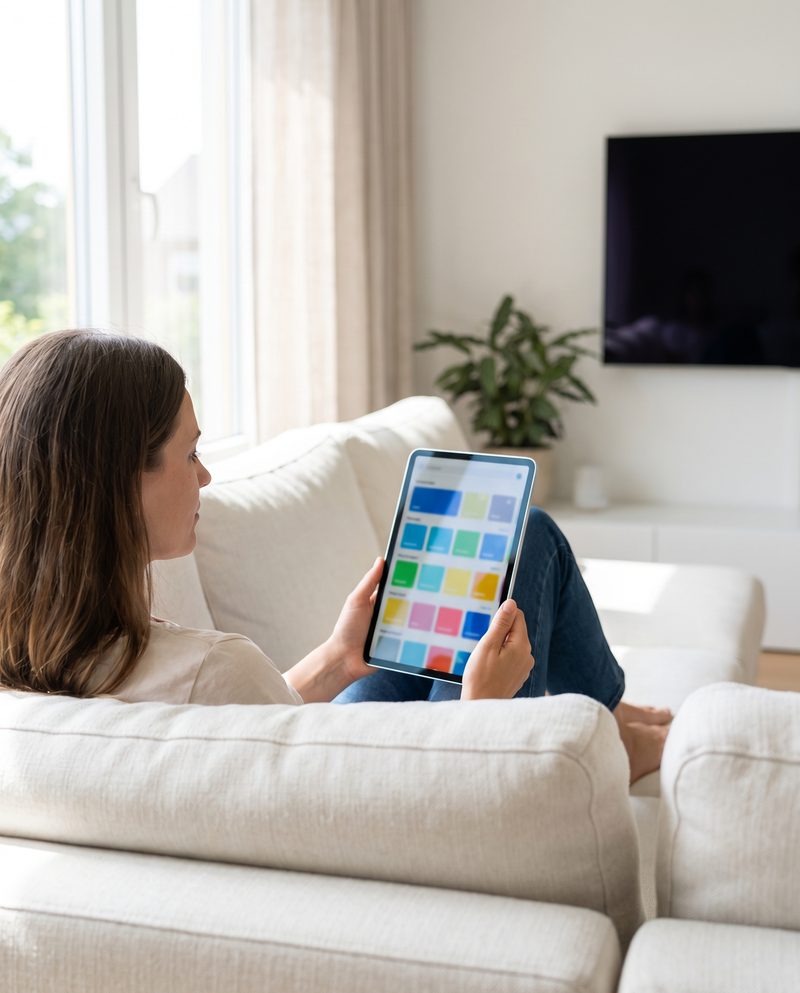 Une femme sur un canapé fait défiler les catégories de chaînes sur une tablette