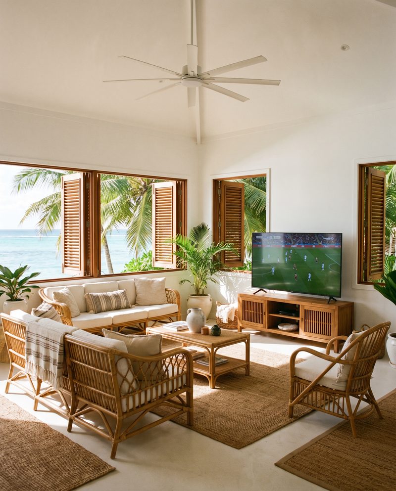Un salon tropical aux fenêtres ouvertes sur des palmiers, la télévision affiche un match, IPTV Smarters Pro depuis l'outre-mer