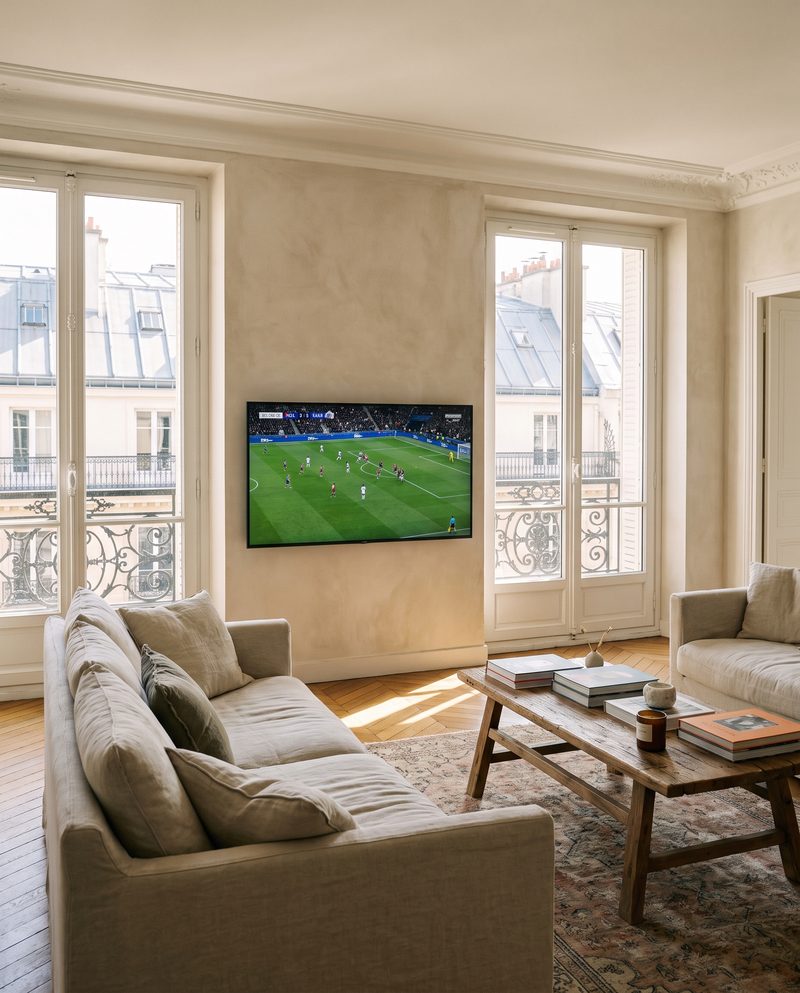 Un salon parisien avec balcon en fer forgé, la télévision affiche un match via l'abonnement IPTV Smarters Pro France