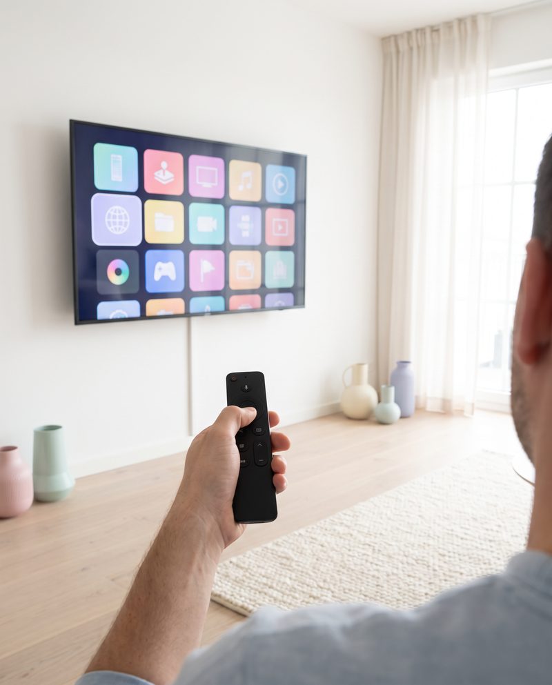 Une main pointe la télécommande vers une Smart TV Samsung affichant la boutique d'applications, pour installer IPTV Smarters Pro