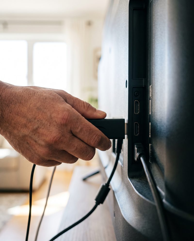 Une main branche une clé de streaming sur la prise HDMI à l'arrière d'une télévision